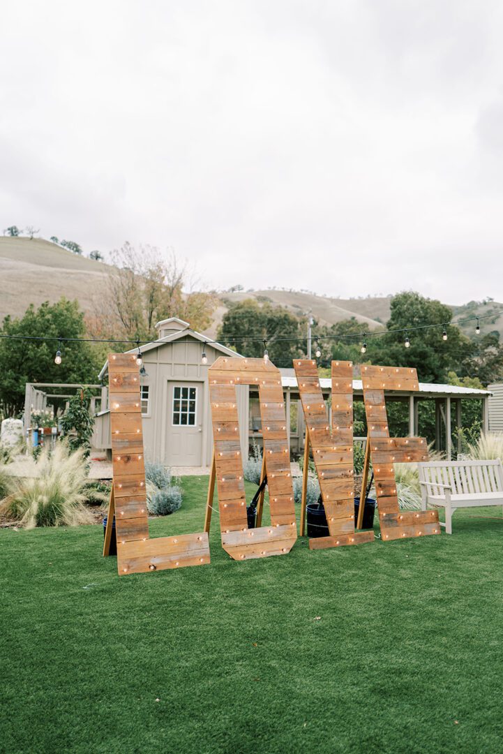 Large wooden LOVE letters displayed outdoors on green grass.