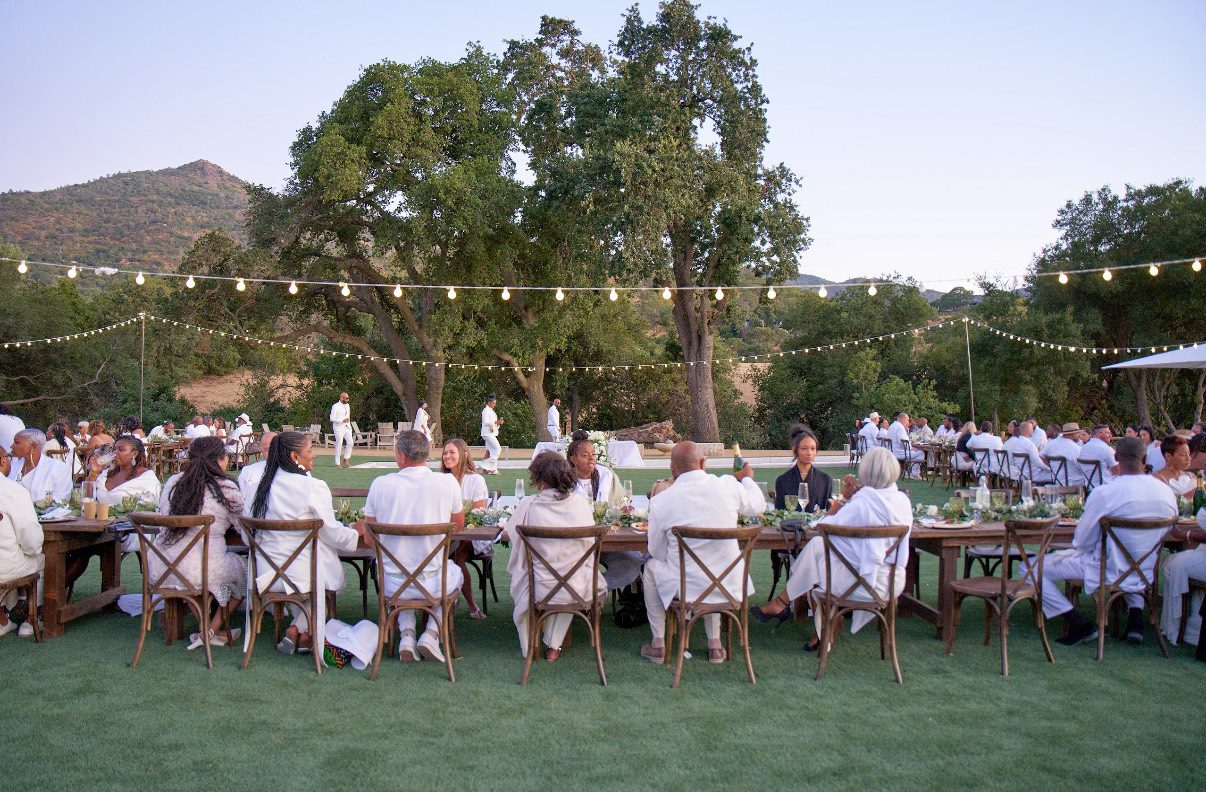 Outdoor gathering with people seated at a long table decorated with lights and greenery.