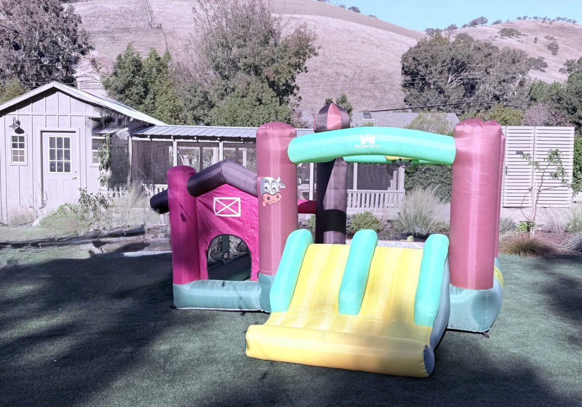 Colorful inflatable slide set up in a backyard with hills in the background.